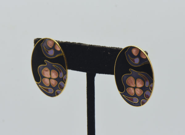 Vintage Enamel Abstract Floral Design Earrings