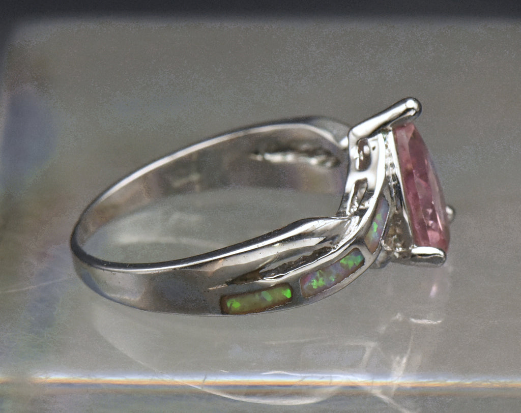 Vintage Pink Crystal and Opal Sterling Silver Ring - Size 8
