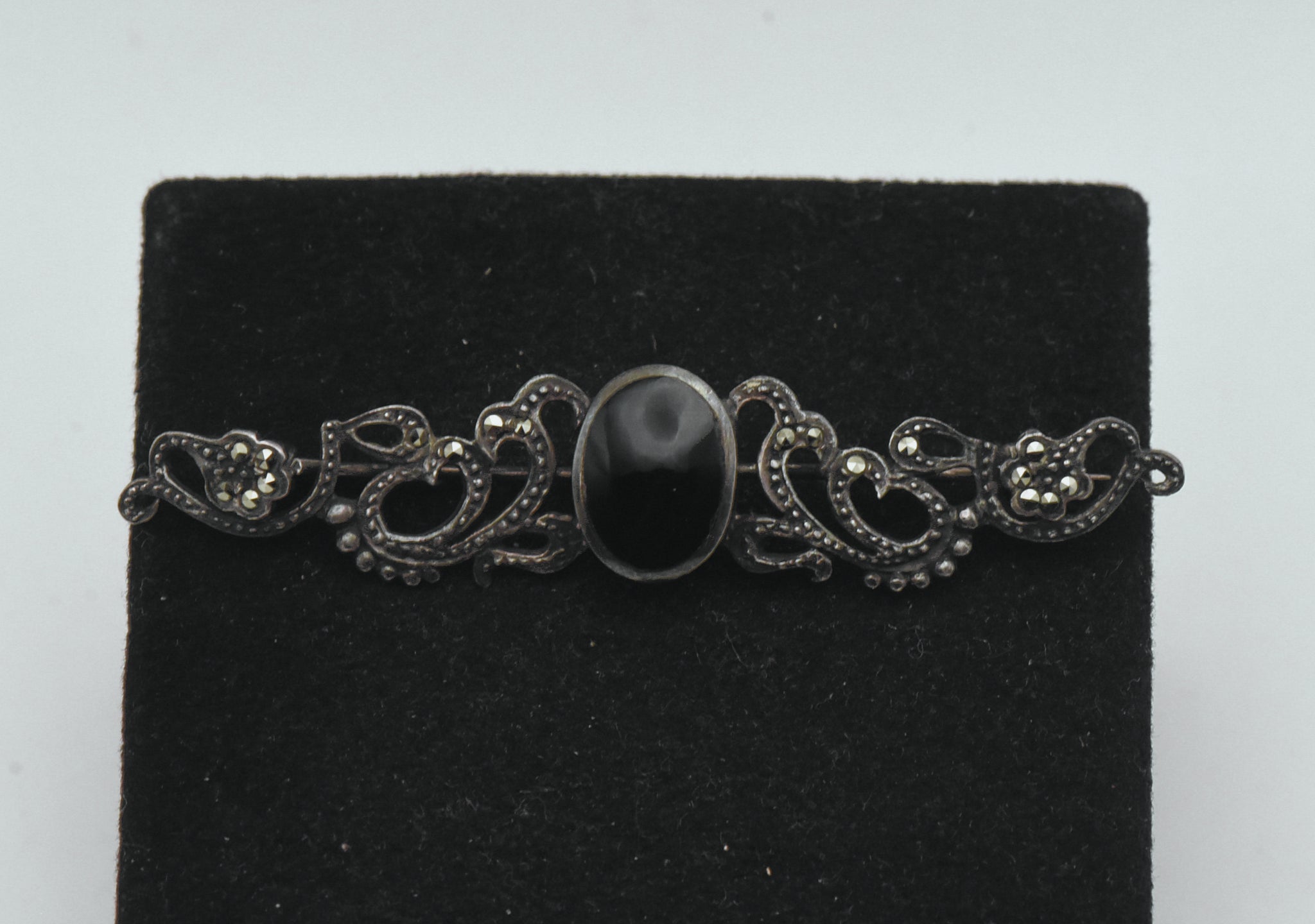 Antique Black Onyx + Marcasite Brooch