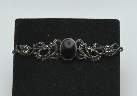 Vintage Sterling Silver Black Onyx and Marcasite Brooch