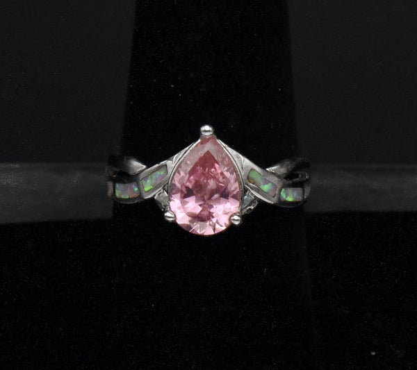 Vintage Pink Crystal and Opal Sterling Silver Ring - Size 8