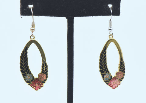 Vintage Gold Tone and Enamel Floral Dangle Earrings