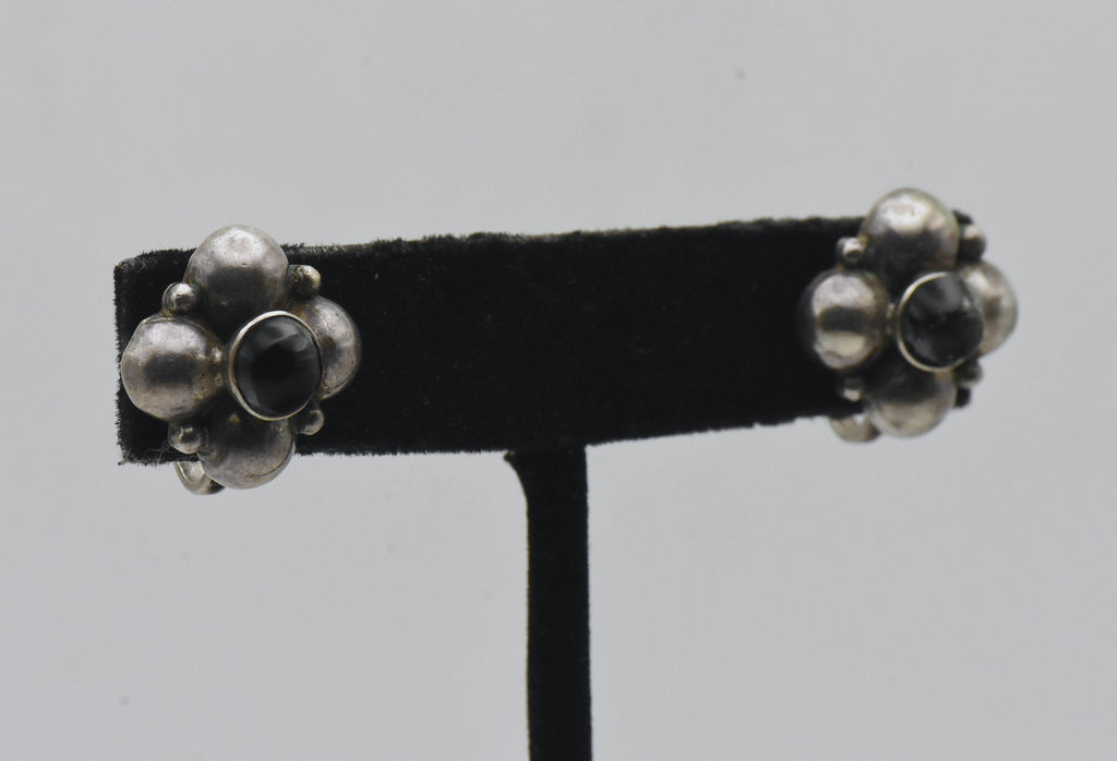 Vintage Handmade Silver and Obsidian Screw Back Earrings