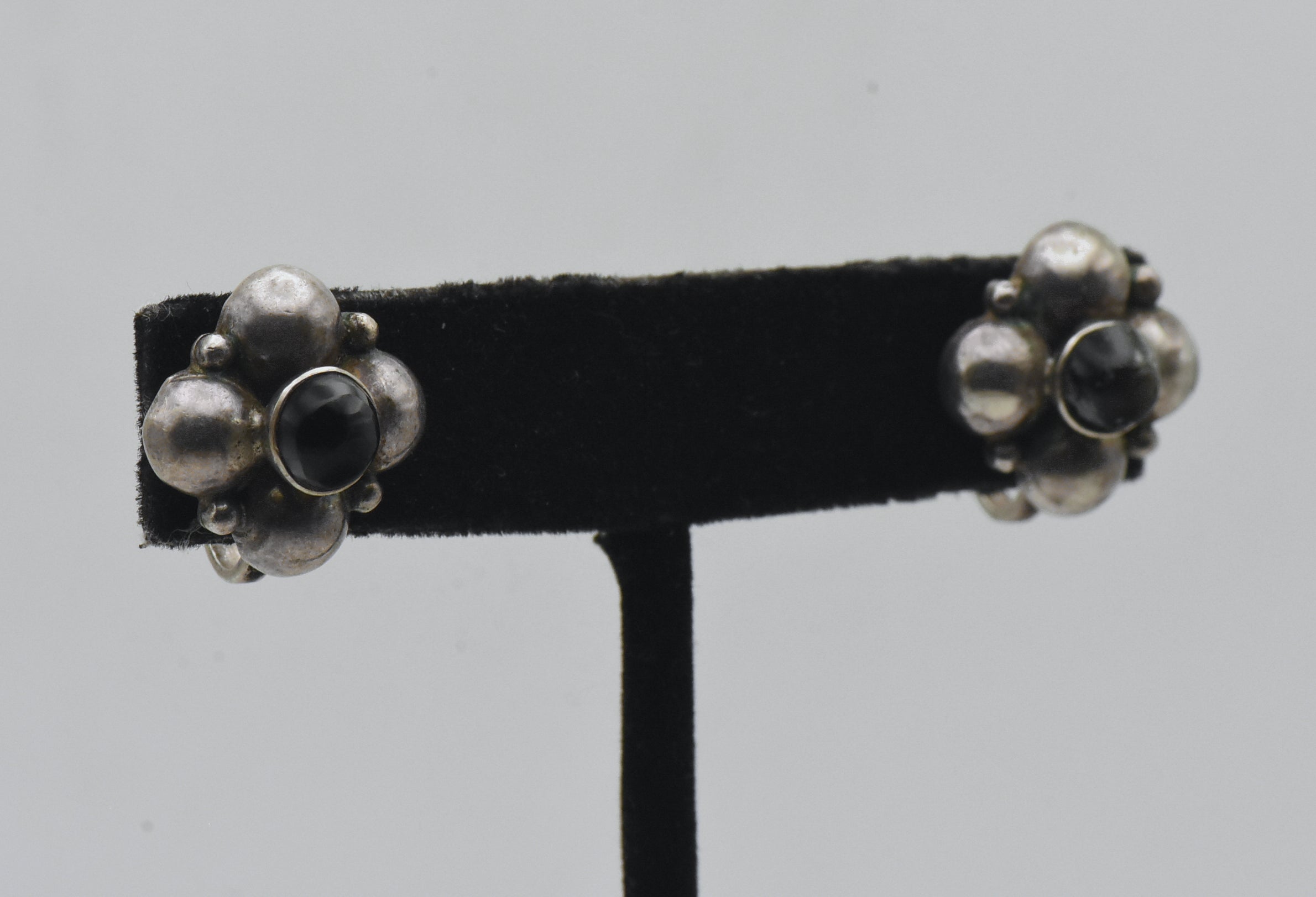 Vintage Handmade Silver and Obsidian Screw Back Earrings