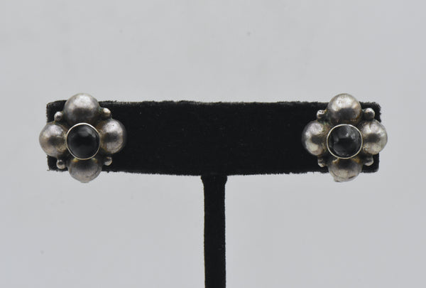 Vintage Handmade Silver and Obsidian Screw Back Earrings