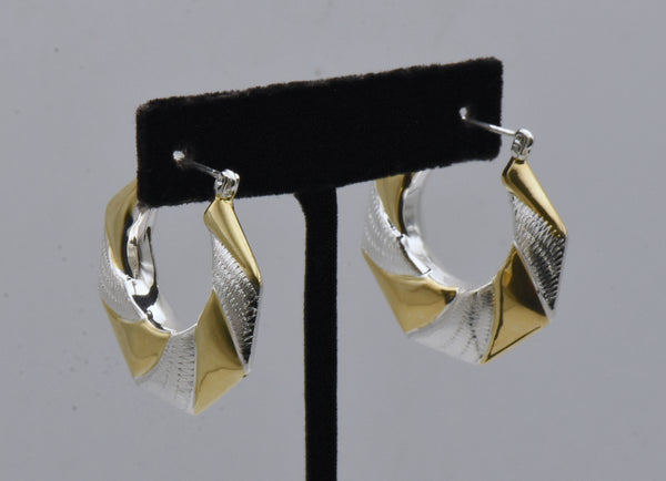 Vintage Sterling Silver and Gold Tone Octagonal Hoop Earrings