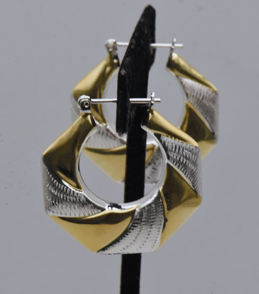 Vintage Sterling Silver and Gold Tone Octagonal Hoop Earrings