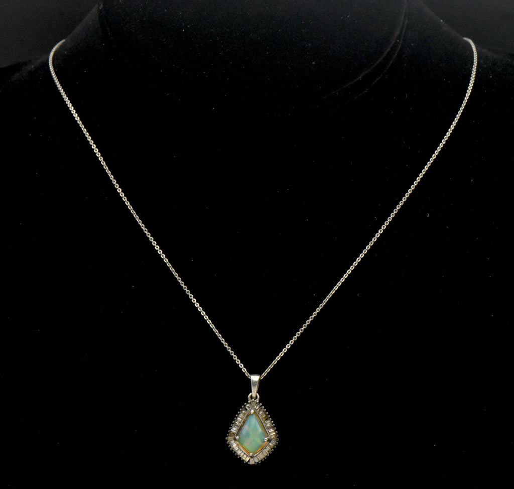 Vintage Opal and Diamonds Sterling Silver Pendant Chain Necklace - 20 Inches