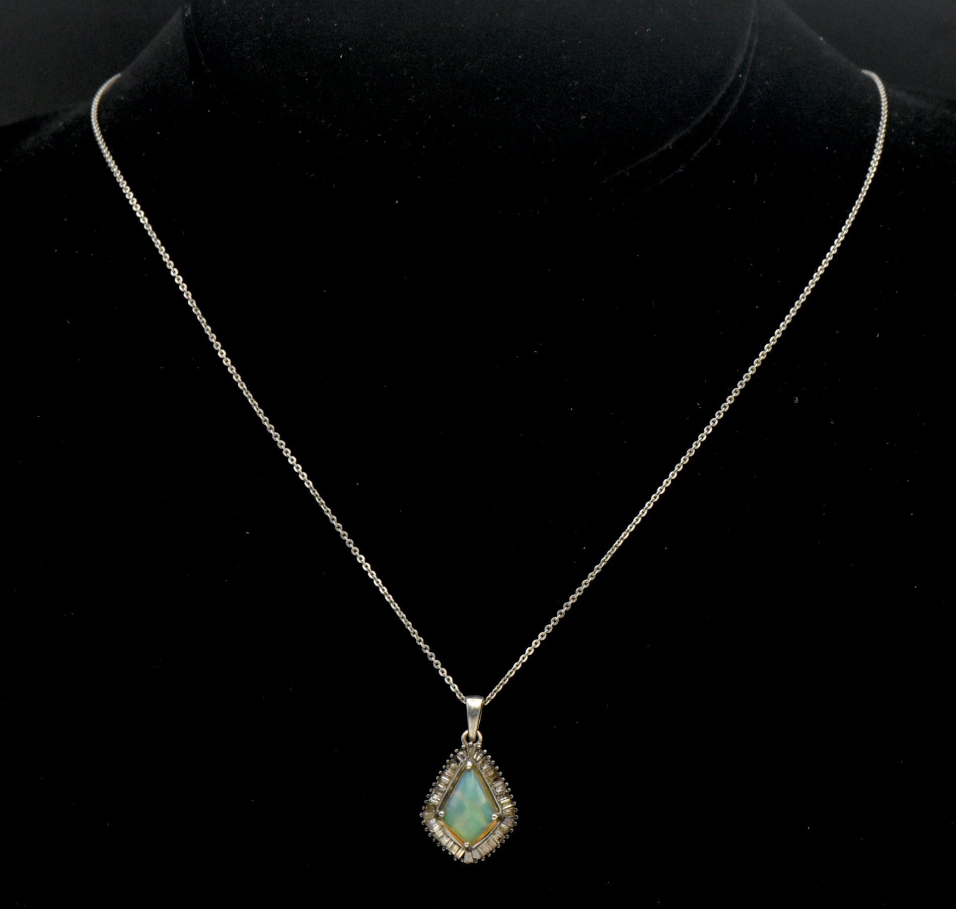 Vintage Opal and Diamonds Sterling Silver Pendant Chain Necklace - 20 Inches