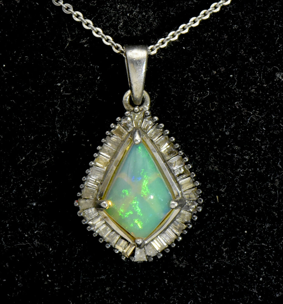 Vintage Opal and Diamonds Sterling Silver Pendant Chain Necklace - 20 Inches