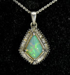 Vintage Opal and Diamonds Sterling Silver Pendant Chain Necklace - 20 Inches