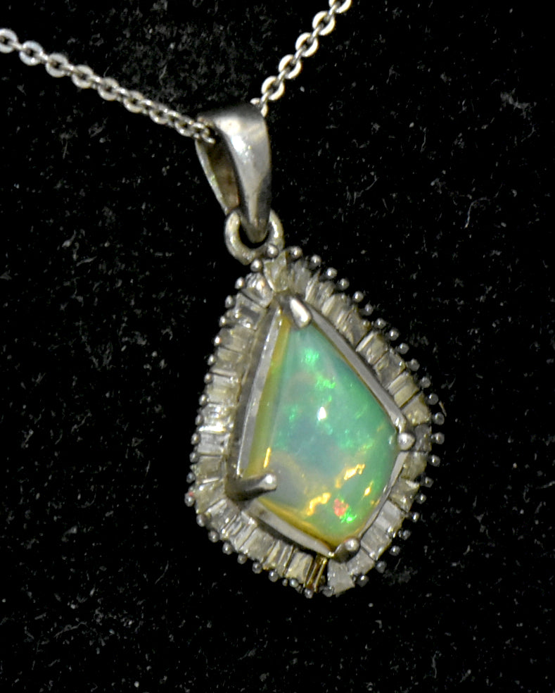 Vintage Opal and Diamonds Sterling Silver Pendant Chain Necklace - 20 Inches