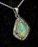 Vintage Opal and Diamonds Sterling Silver Pendant Chain Necklace - 20 Inches