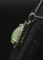 Vintage Opal and Diamonds Sterling Silver Pendant Chain Necklace - 20 Inches