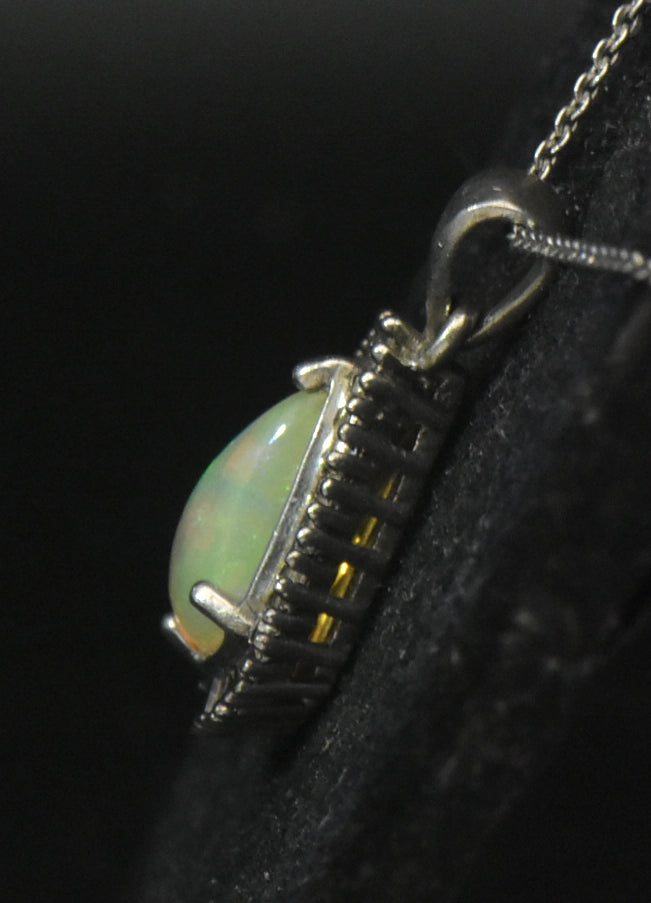 Vintage Opal and Diamonds Sterling Silver Pendant Chain Necklace - 20 Inches