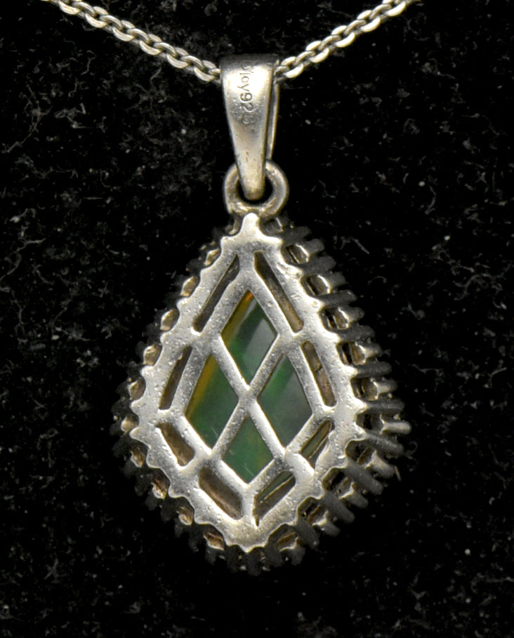 Vintage Opal and Diamonds Sterling Silver Pendant Chain Necklace - 20 Inches