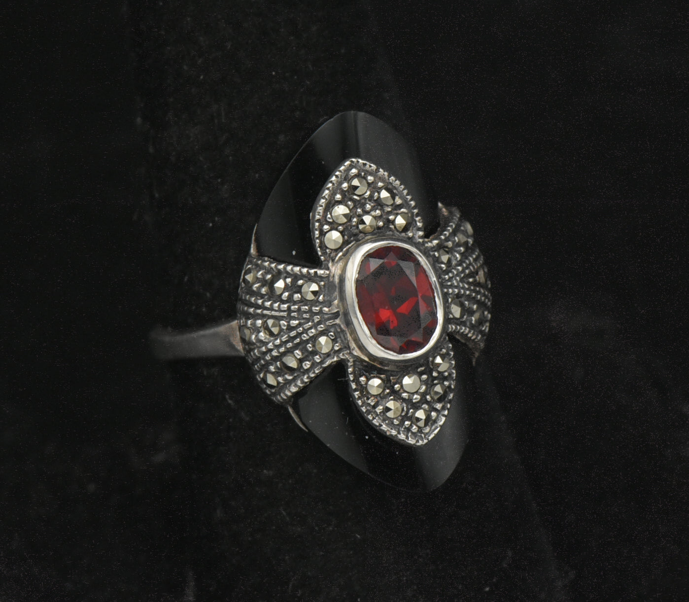 Vintage Red Garnet, Black Onyx and Marcasite Sterling Silver Ring - Size 8