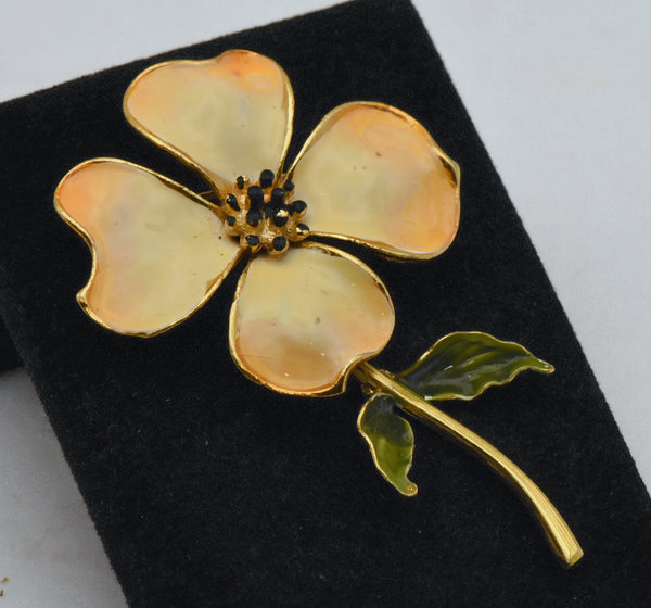 Vintage Gold Tone Metal and Enamel Floral Brooch