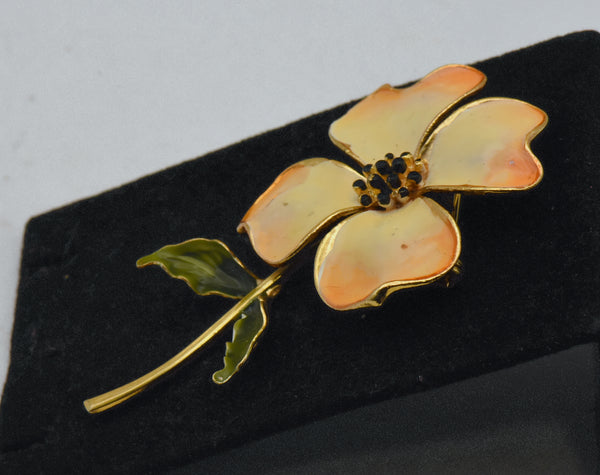 Vintage Gold Tone Metal and Enamel Floral Brooch