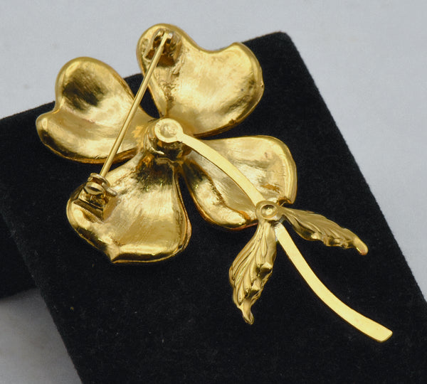 Vintage Gold Tone Metal and Enamel Floral Brooch