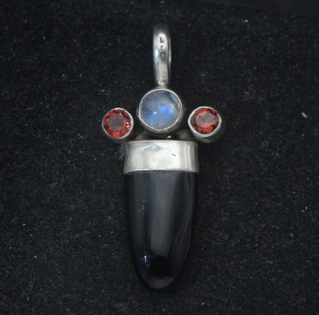 Vintage Handmade Obsidian, Moonstone, and Garnets Sterling Silver Pendant