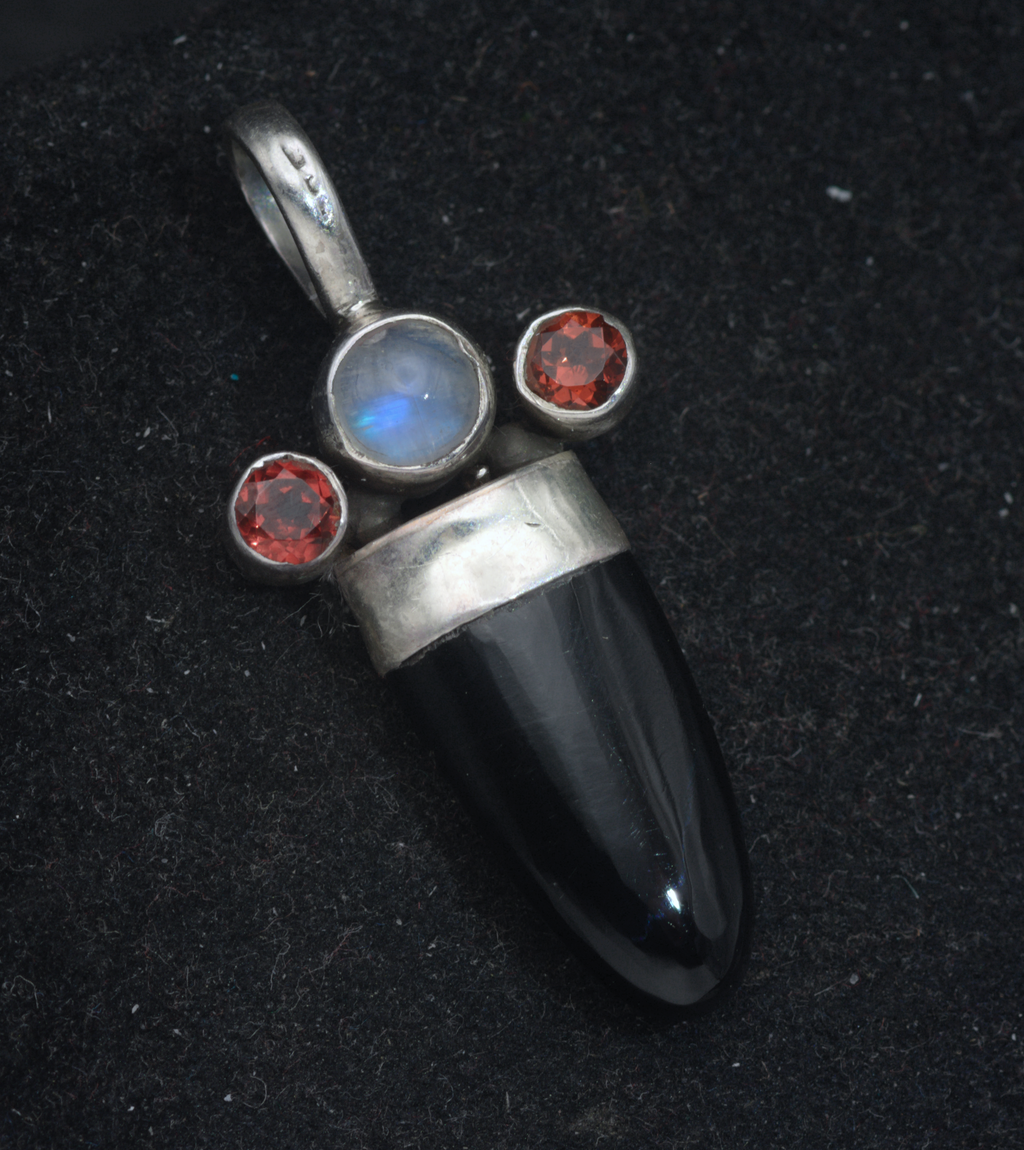 Vintage Handmade Obsidian, Moonstone, and Garnets Sterling Silver Pendant
