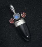 Vintage Handmade Obsidian, Moonstone, and Garnets Sterling Silver Pendant