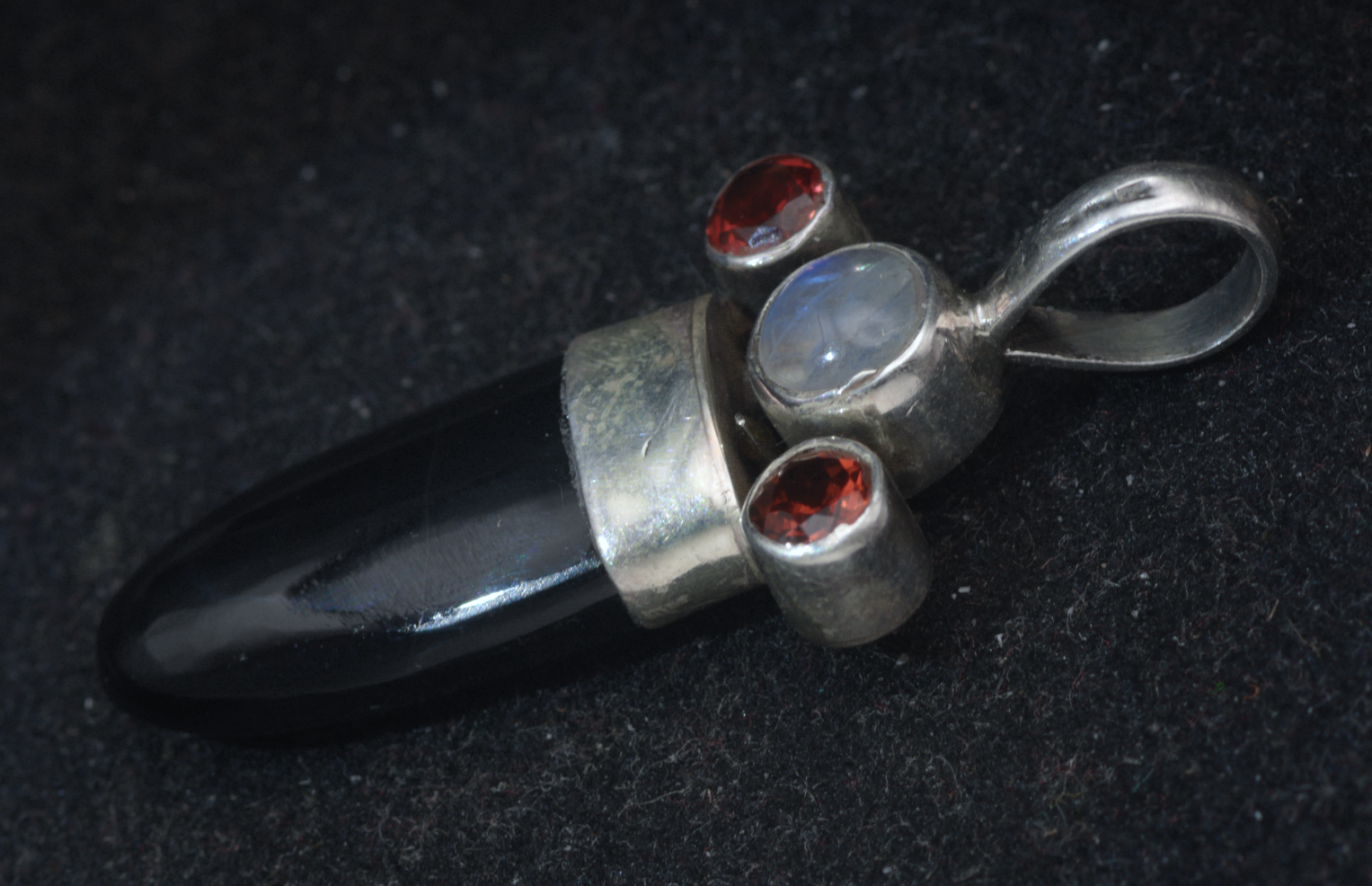 Vintage Handmade Obsidian, Moonstone, and Garnets Sterling Silver Pendant