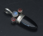 Vintage Handmade Obsidian, Moonstone, and Garnets Sterling Silver Pendant