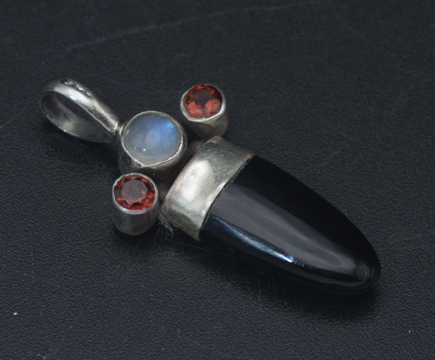 Vintage Handmade Obsidian, Moonstone, and Garnets Sterling Silver Pendant