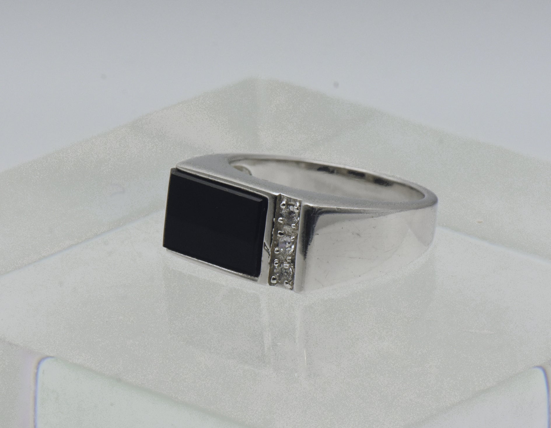 Vintage Black Onyx and Rhinestone Sterling Silver Ring - Size 10.25