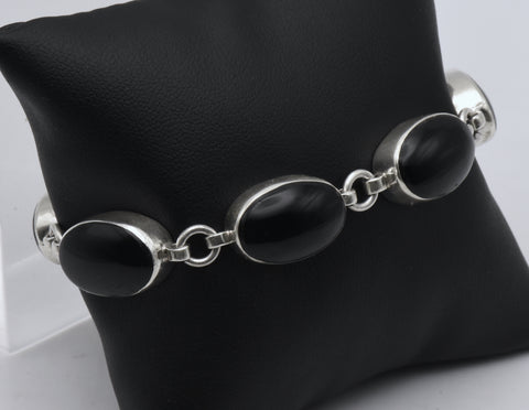 Vintage Handmade Sterling Silver and Black Onyx Bracelet - 7.5"