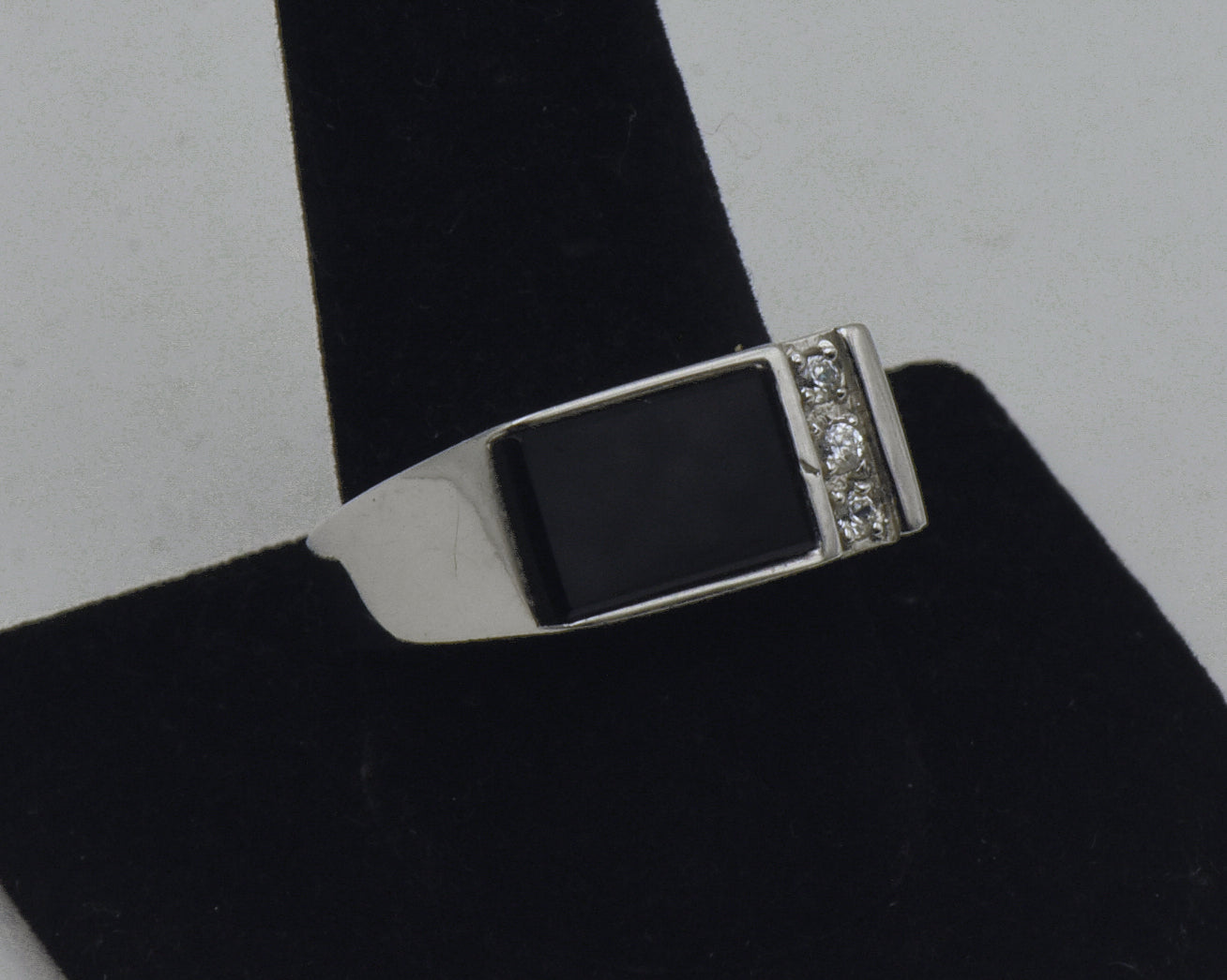 Vintage Black Onyx and Rhinestone Sterling Silver Ring - Size 10.25