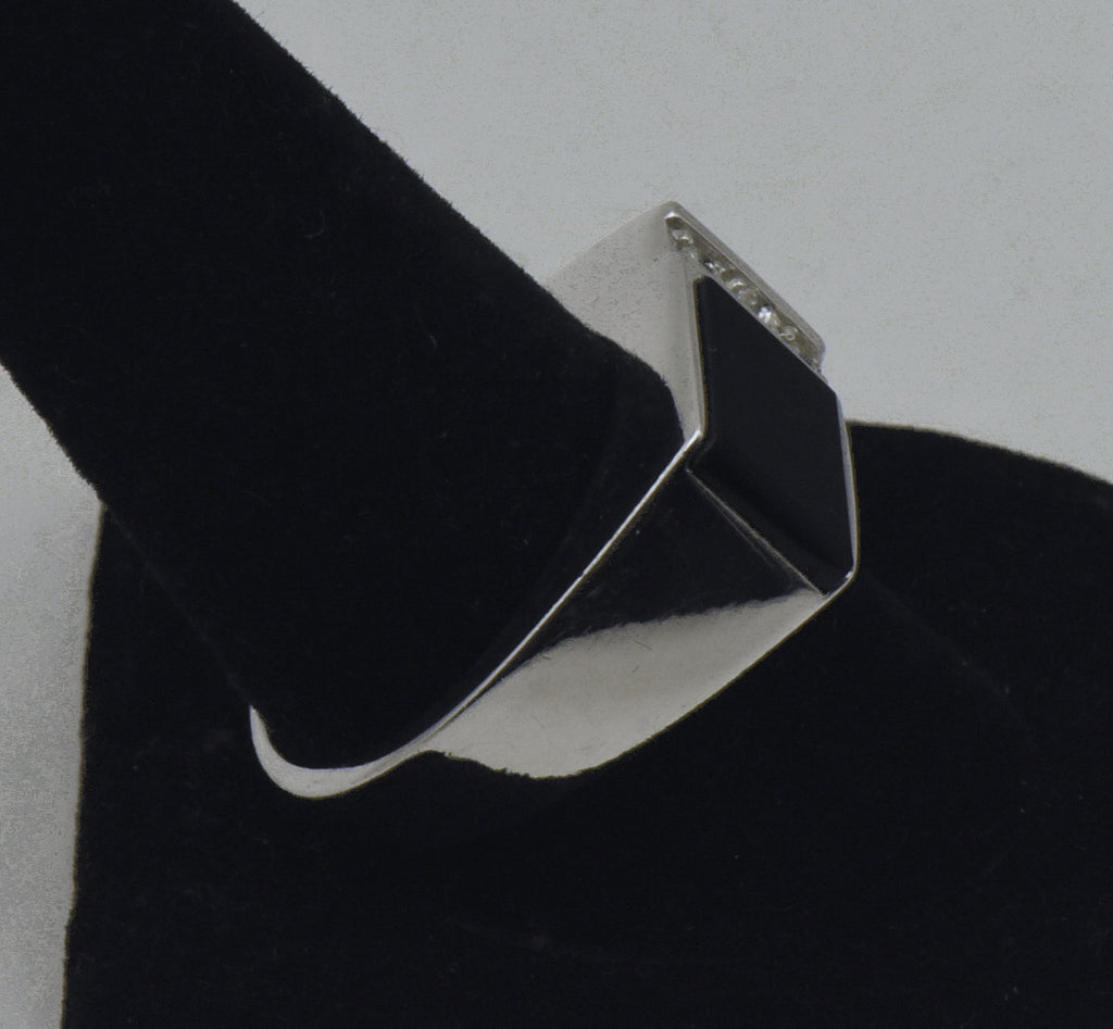 Vintage Black Onyx and Rhinestone Sterling Silver Ring - Size 10.25