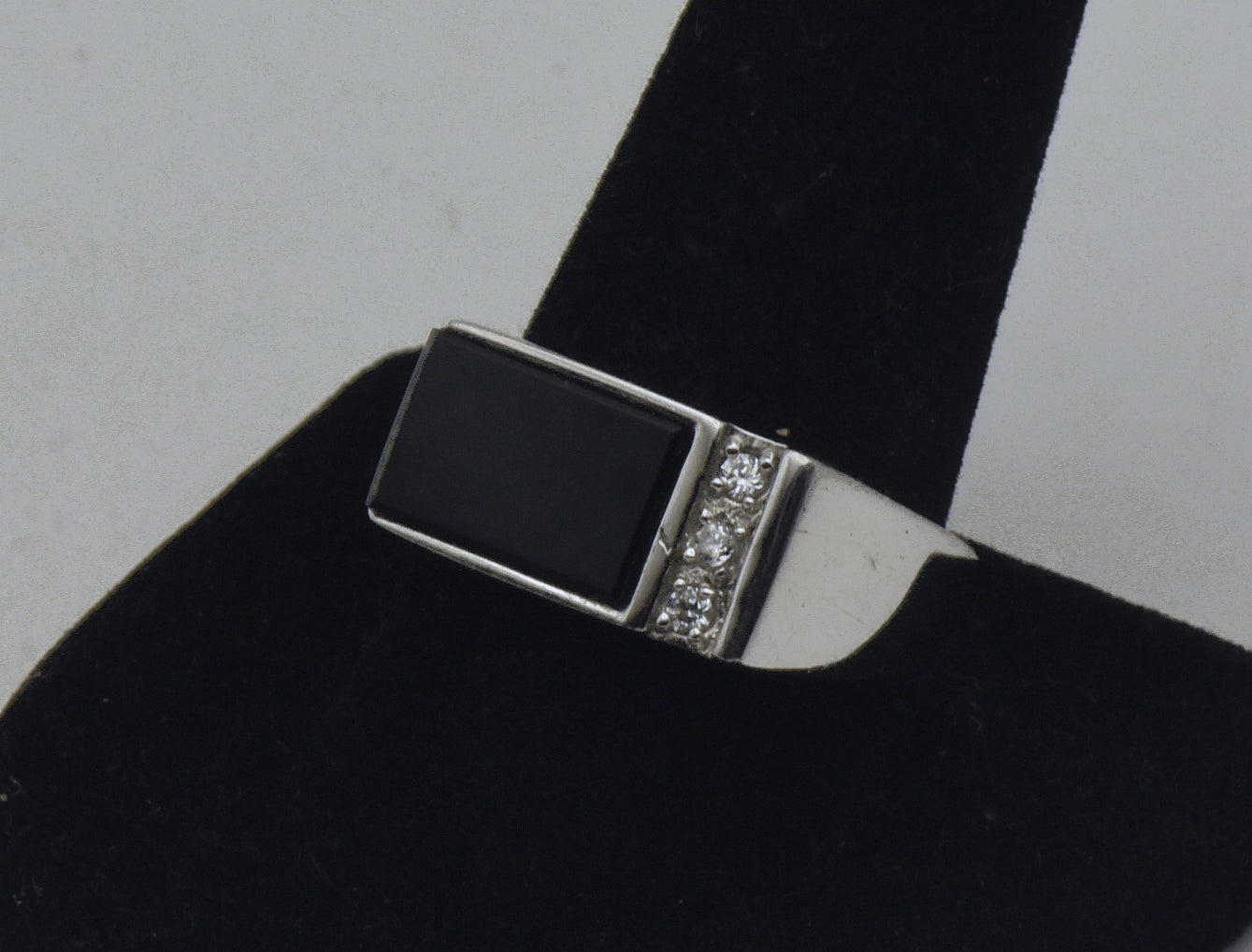 Vintage Black Onyx and Rhinestone Sterling Silver Ring - Size 10.25