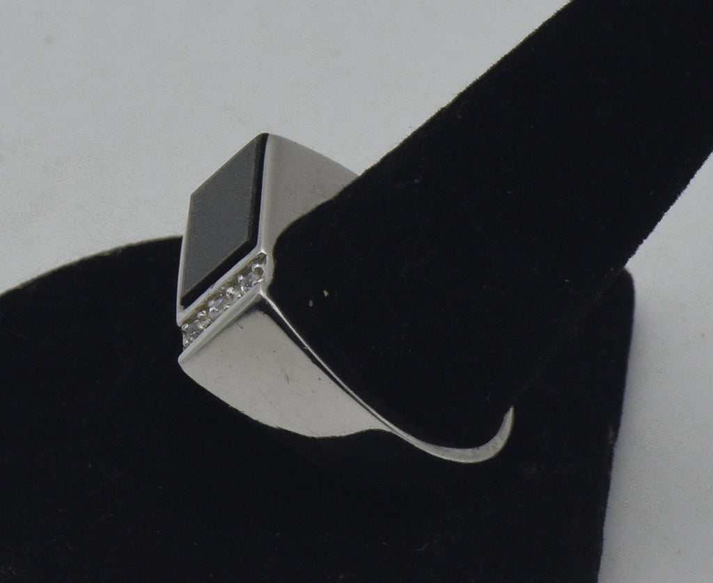 Vintage Black Onyx and Rhinestone Sterling Silver Ring - Size 10.25
