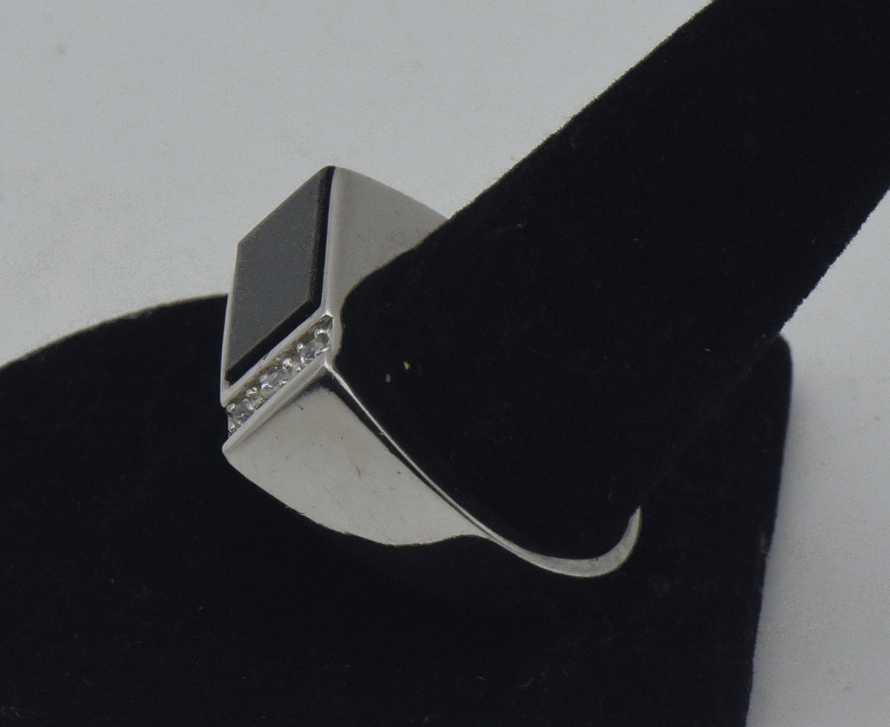 Vintage Black Onyx and Rhinestone Sterling Silver Ring - Size 10.25