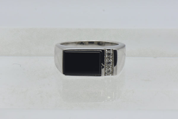 Vintage Black Onyx and Rhinestone Sterling Silver Ring - Size 10.25
