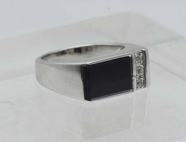 Vintage Black Onyx and Rhinestone Sterling Silver Ring - Size 10.25