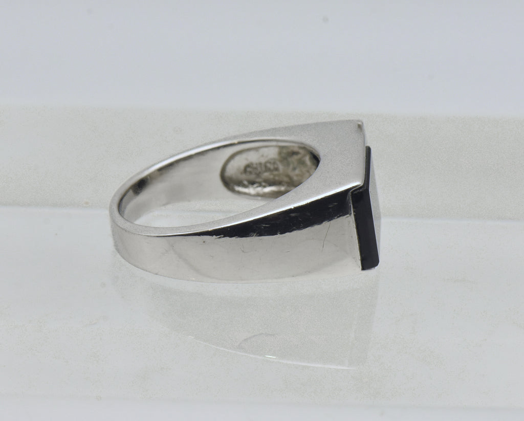 Vintage Black Onyx and Rhinestone Sterling Silver Ring - Size 10.25