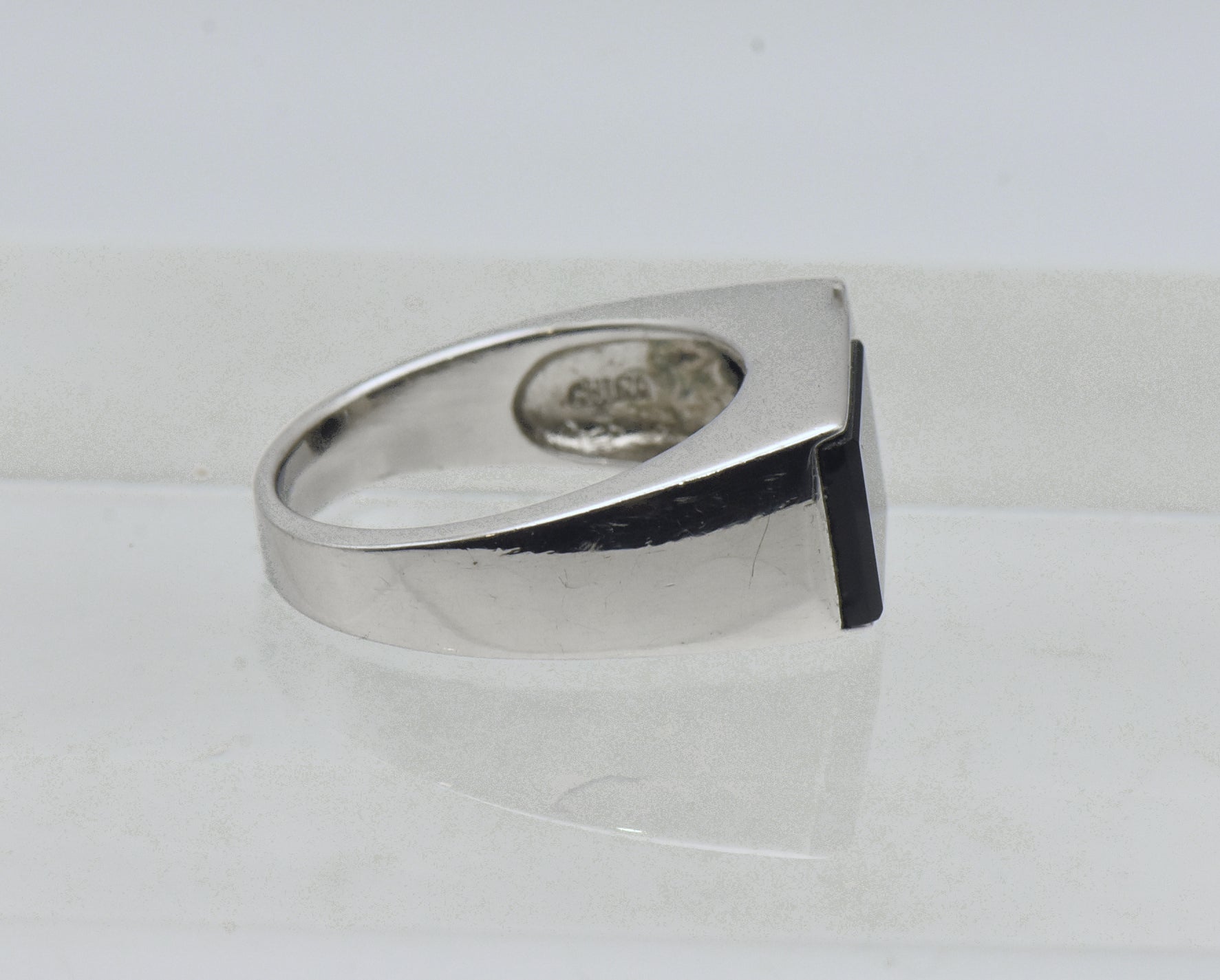 Vintage Black Onyx and Rhinestone Sterling Silver Ring - Size 10.25