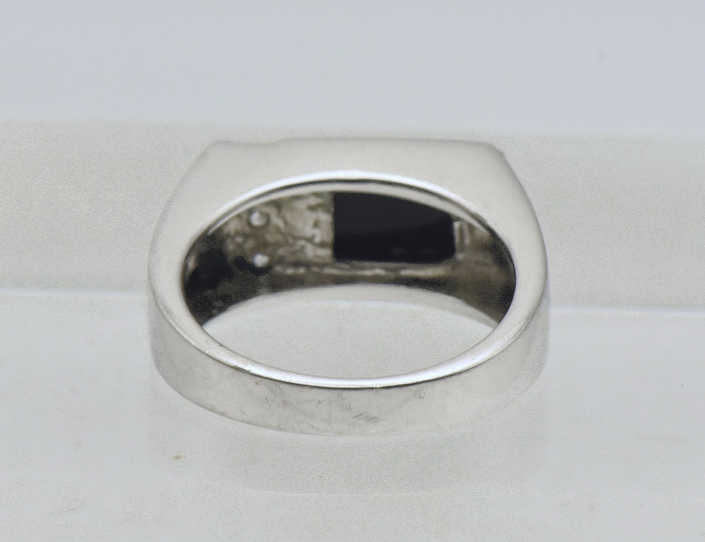 Vintage Black Onyx and Rhinestone Sterling Silver Ring - Size 10.25