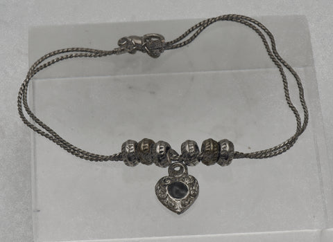 Double Strand Heart and Bead Silver Tone Metal Anklet