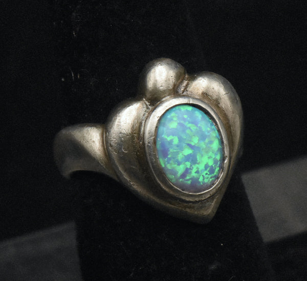 Vintage Sterling Silver Synthetic Opal Heart Ring - Size 6