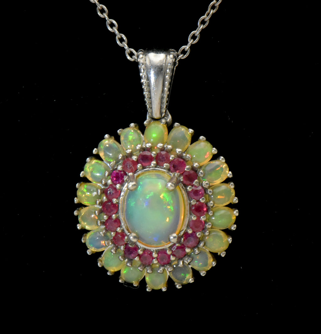 Vintage Opal and Ruby Sterling Silver Pendant on Sterling Silver Chain Necklace - 20.25 Inches
