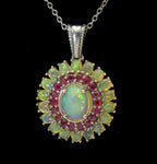 Vintage Opal and Ruby Sterling Silver Pendant on Sterling Silver Chain Necklace - 20.25 Inches