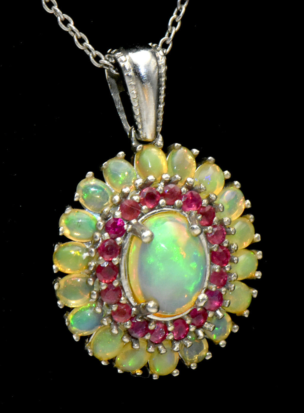 Vintage Opal and Ruby Sterling Silver Pendant on Sterling Silver Chain Necklace - 20.25 Inches