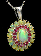 Vintage Opal and Ruby Sterling Silver Pendant on Sterling Silver Chain Necklace - 20.25 Inches