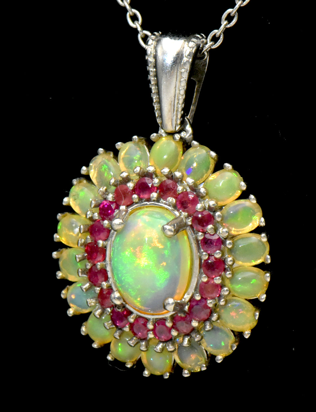 Vintage Opal and Ruby Sterling Silver Pendant on Sterling Silver Chain Necklace - 20.25 Inches