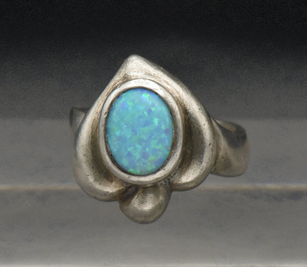 Vintage Sterling Silver Synthetic Opal Heart Ring - Size 6